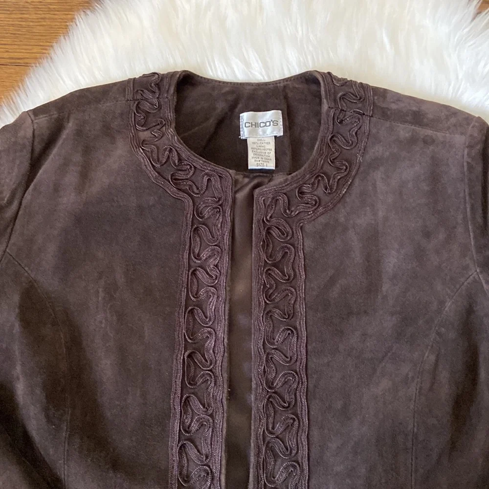 Chico's Chocolate Brown Suede Leather Jacket SZ 1 - Picture 3 of 12
